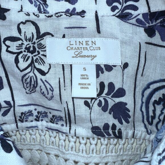 Charter Club Women's Printed 100% Linen Crochet-Trim Blue Button Up Shirt Size S - Picture 6 of 8